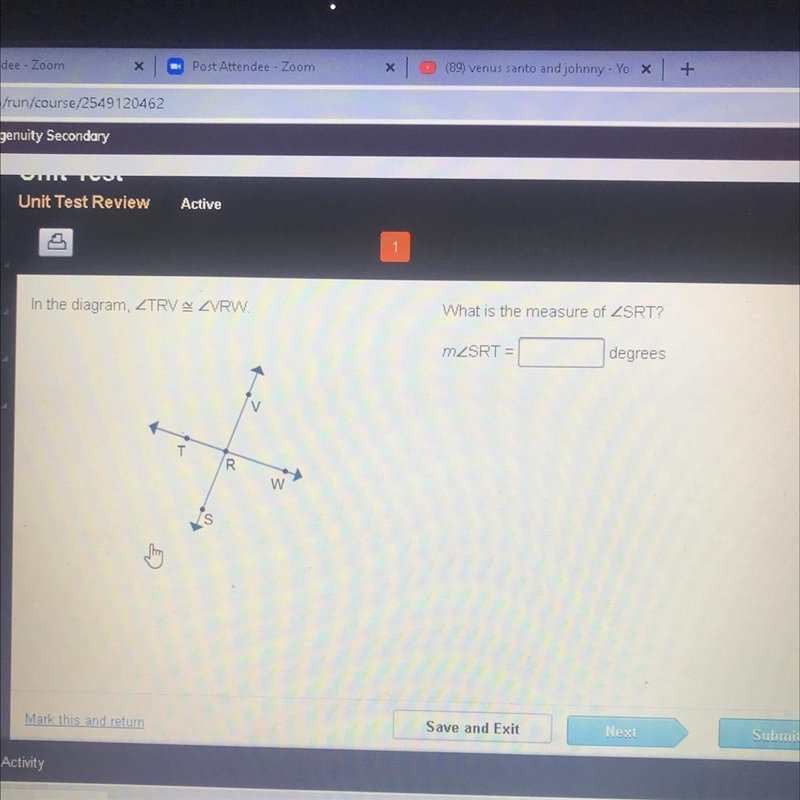 In the diagram angle TRV = angle VRW what is the measure of angle SRT ?-example-1