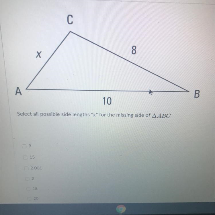 Select all sides lengths x for the missing side of abc-example-1