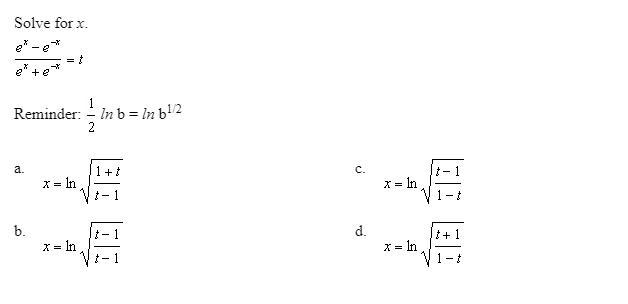 Solve for x. e^x - e ^ -x / e^x + e ^-x = t-example-1