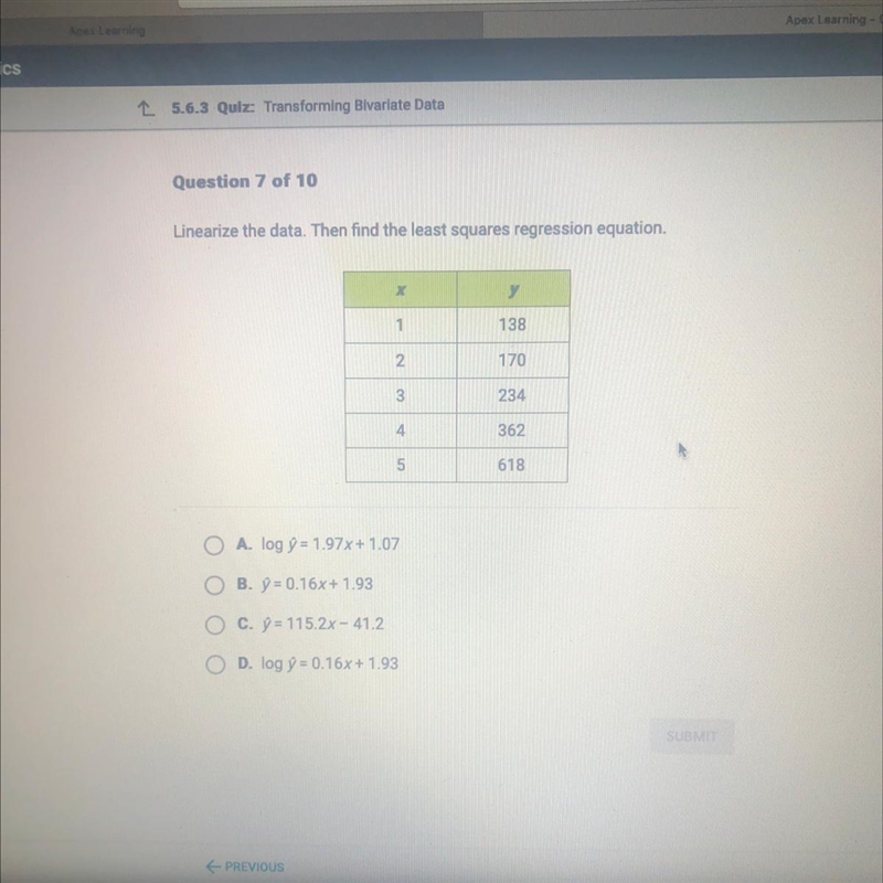 Linearize the data. Then find the least squares regression equation. HELP-example-1