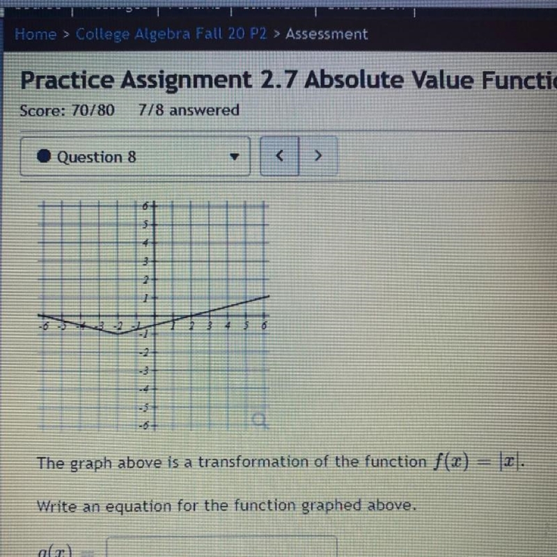 0+ 3 2 1 -3 -4 The graph above is a transformation of the function f(x) = |2|. Write-example-1