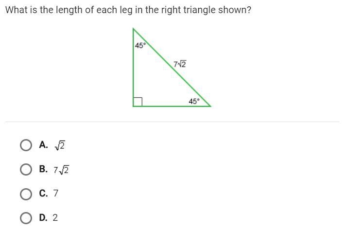 What is the length of each leg in the right triangle shown?-example-1