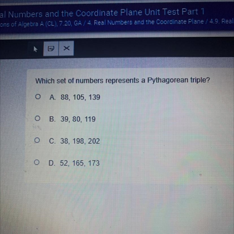 Which set of numbers represents a Pythagorean triple?-example-1