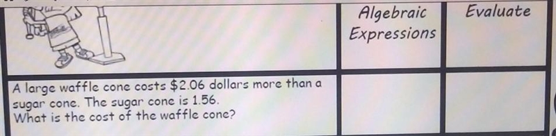 Evaluate Algebraic Expressions A large waffle cone costs $2.06 dollars more than a-example-1