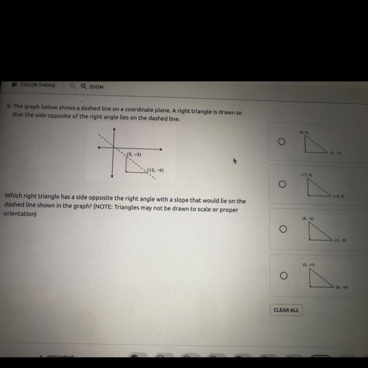 8. The graph below shows a dashed line on a coordinate plane. A right triangle is-example-1