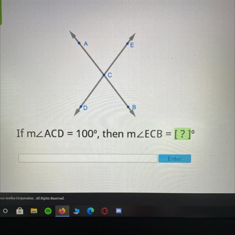 If m ACD=100 degree,then m ECB=[?]-example-1