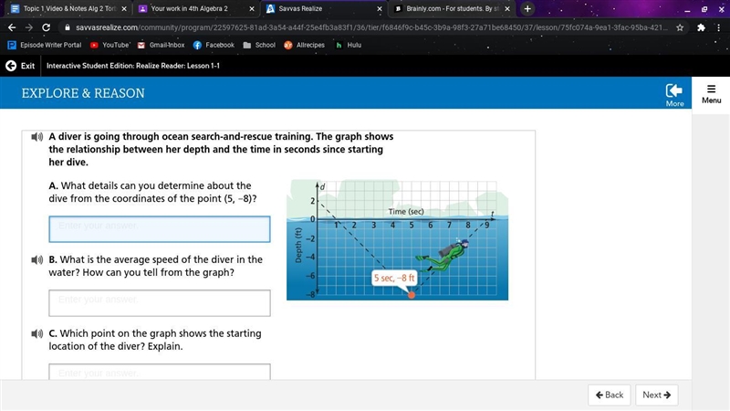 What details can you determine about the dive from the coordinates of the point (5, −8)?-example-1