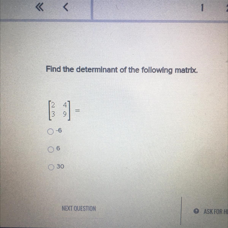 Find the determinant of the following matrix. [2 4 ] [ 3 9 ]-example-1