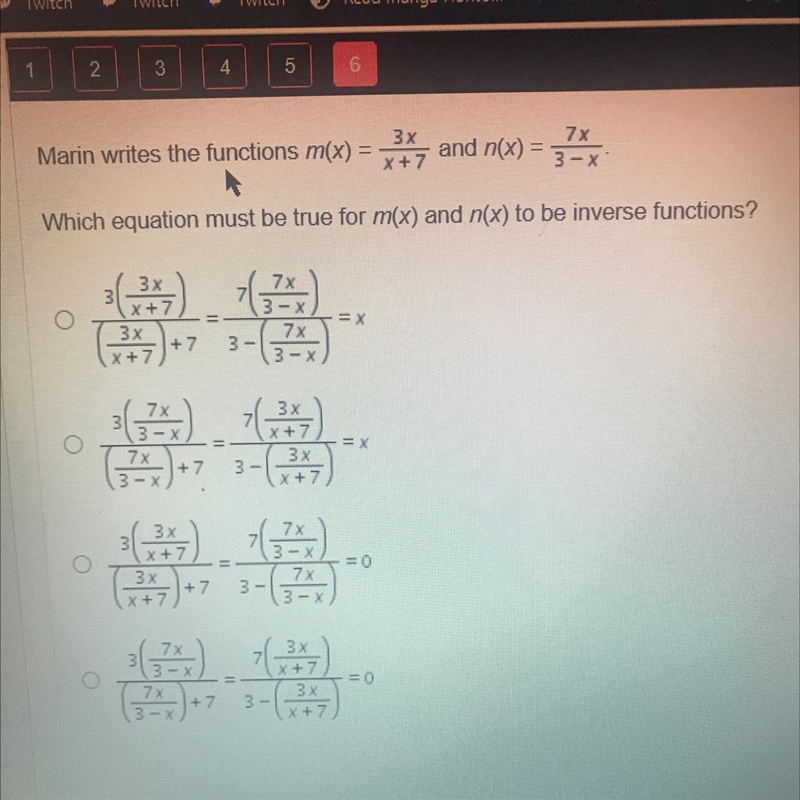 Which equation must be true for m(x) and n(x) to be inverse?-example-1