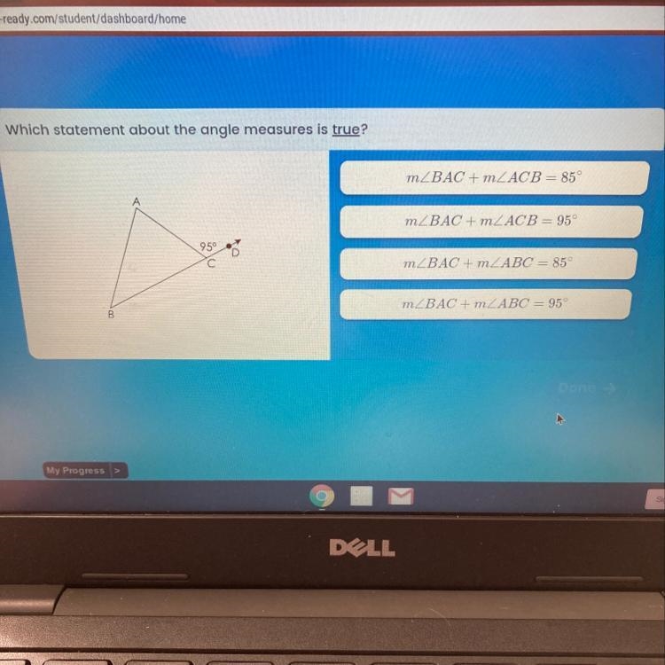 Which statement about the angle measures is true? m_BAC + m2 ACB 85 m.BAC MACB 95 95° m-example-1