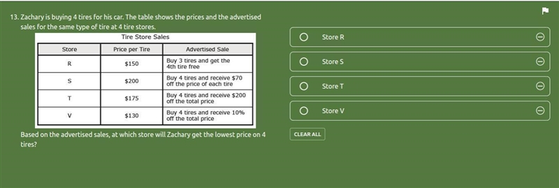 Zachary is buying 4 tires for his car. The table shows the prices and the advertised-example-1