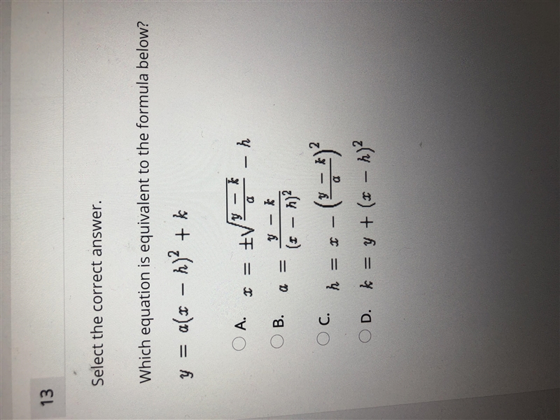 Which equation is equivalent to the formula below? Y = A ( X - H) ^2 + K-example-1