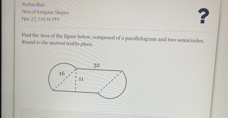 Find the Area of the figure below, composed of a parallelogram and two semicircles-example-1