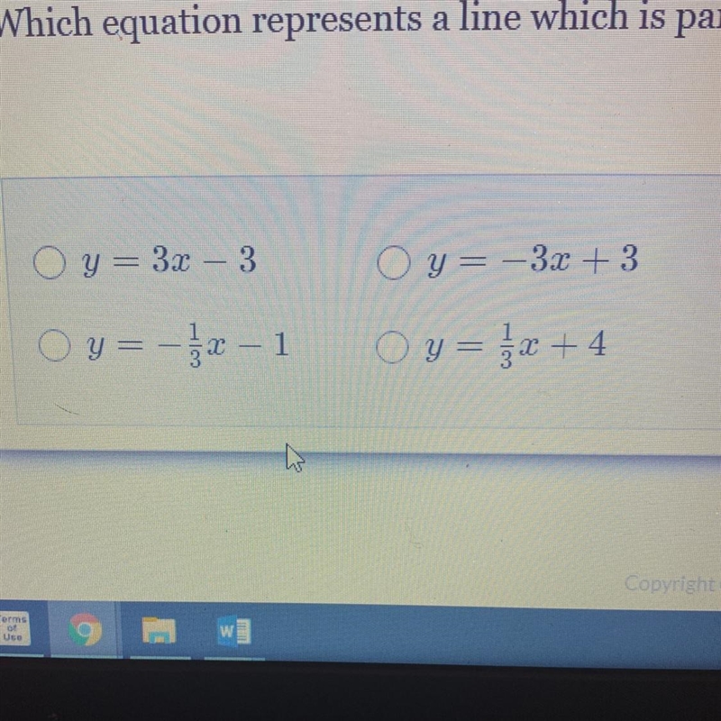 Which equation represents a line which is parallel to the line x-3y=15?-example-1