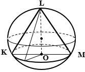 Given: R=2m KL = LM = KM Find: V and Surface Area of the cone-example-1