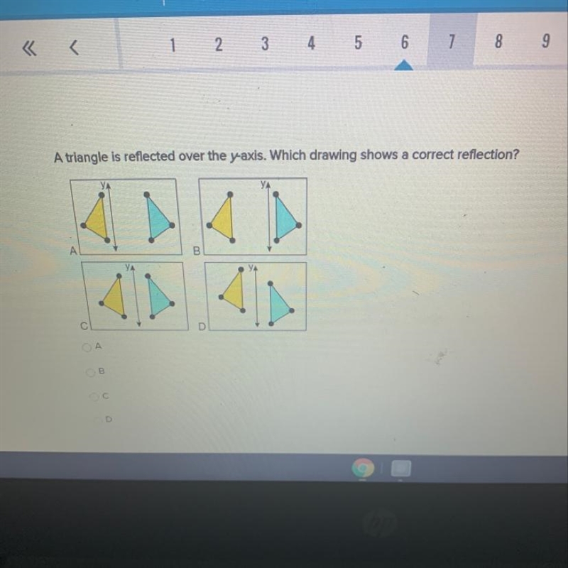 A triangle is reflected over the y-axis. Which drawing shows a correct reflection-example-1