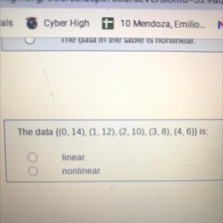 The data {(0, 14), (1, 12), (2, 10), (3, 8), (4, 6)) is: linear. nonlinear.-example-1