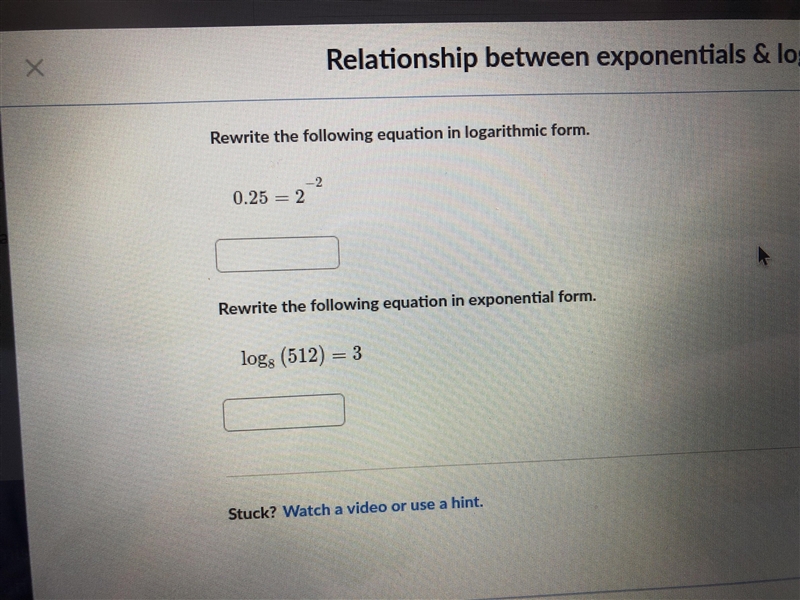 Rewrite the following equation in logarithmic form and exponential form-example-1