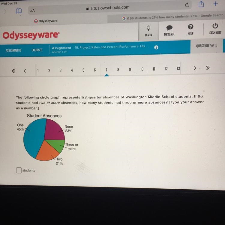 If 21% = 96 students how many students is 1%. Or you can help with the whole question-example-1