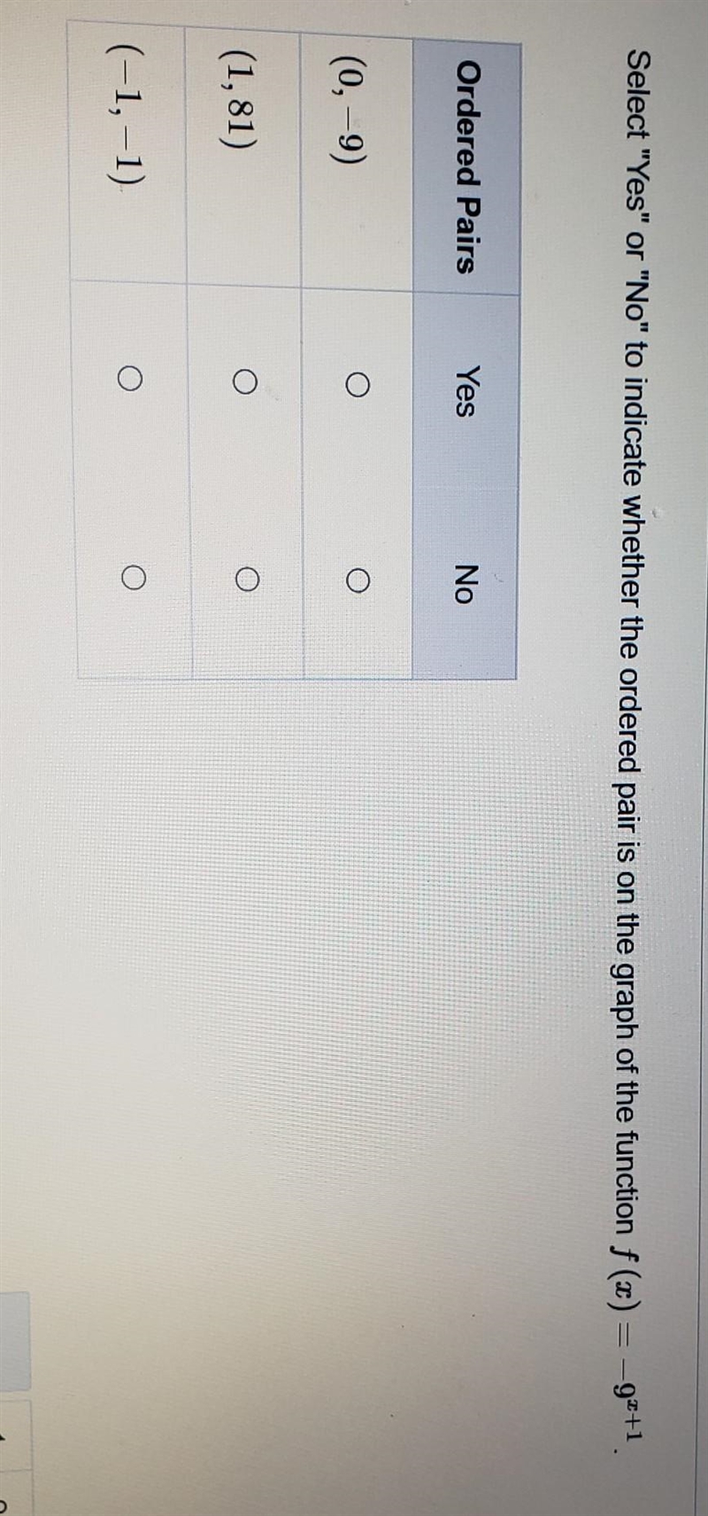 Select " Yes" or " No" to indicate whether the ordered pair is-example-1