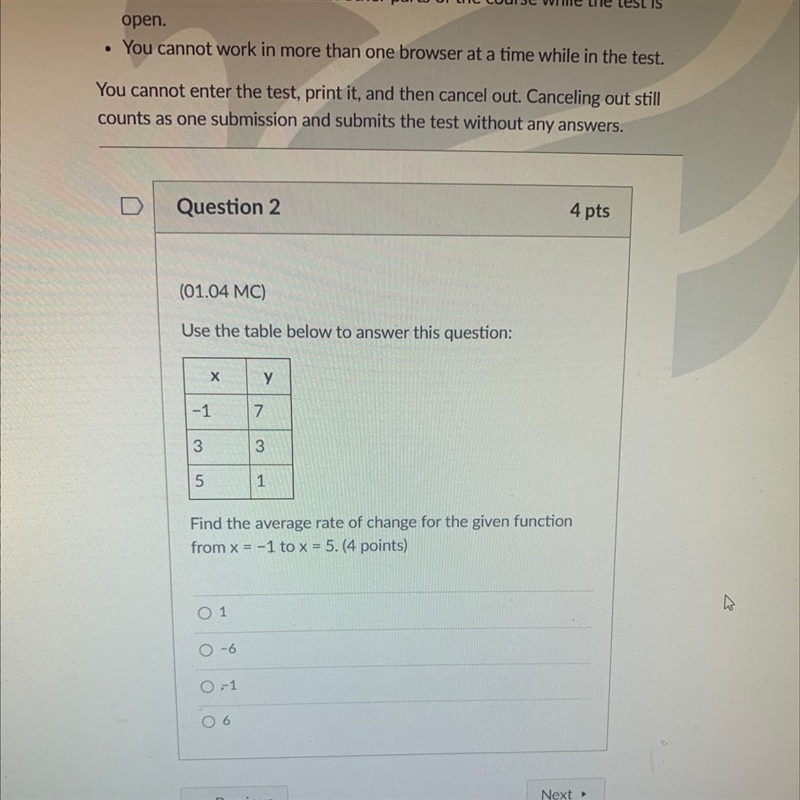 Find the average rate of change for the given function from x = -1 to x = 5. (4 points-example-1