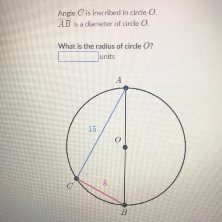 Angle G is inscribed in circle O. AB is a diameter of circle O. What is the radius-example-1