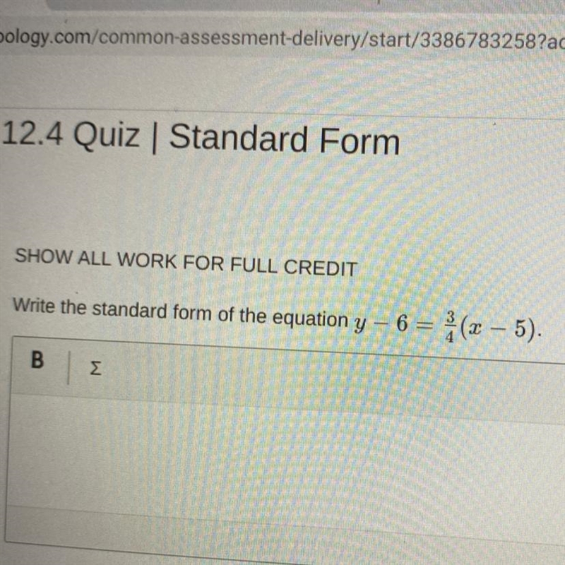 Write the standard form of the equation y - 6 = 3/4 (x - 5).-example-1