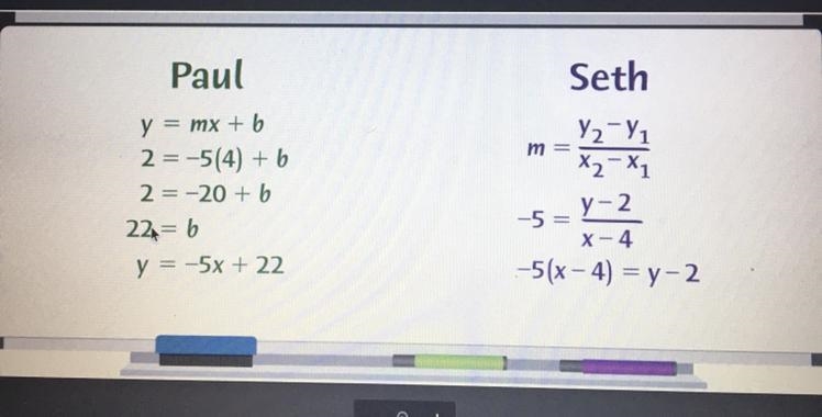 Paul and Seth know that one point on a line is (4,2) and the slope of the line is-example-1