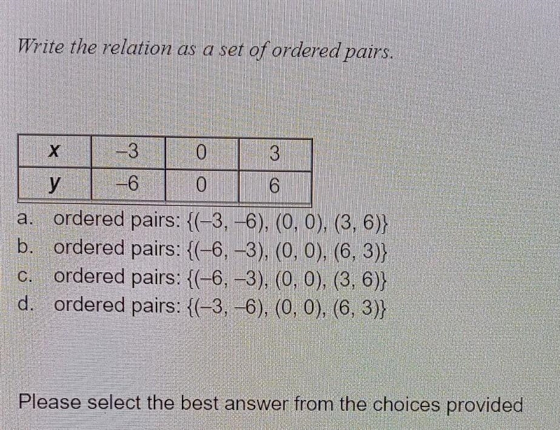 Write the relation as a set of ordered pairs. a. ordered pairs: {(-3, -6), (0, 0), (3, 6)} b-example-1