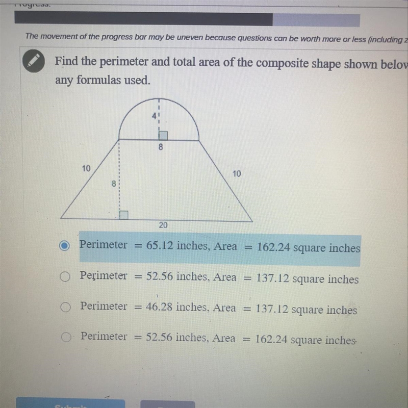 Find the perimeter and total area of the composite shape shown below. All measurements-example-1