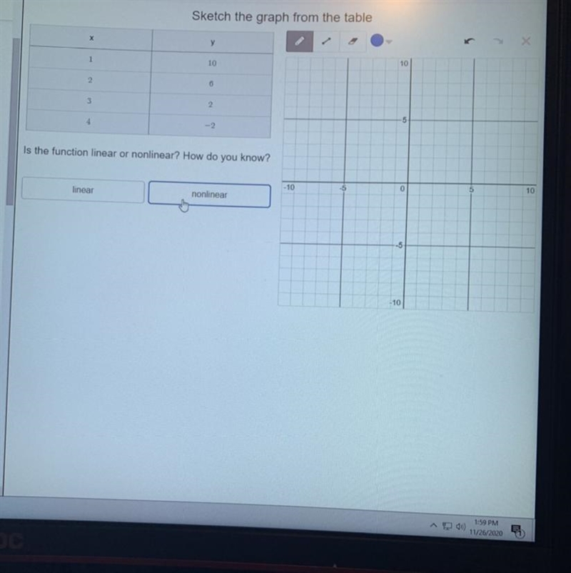 Please someone help me graph the table on to the graph and tell me if it is a linear-example-1