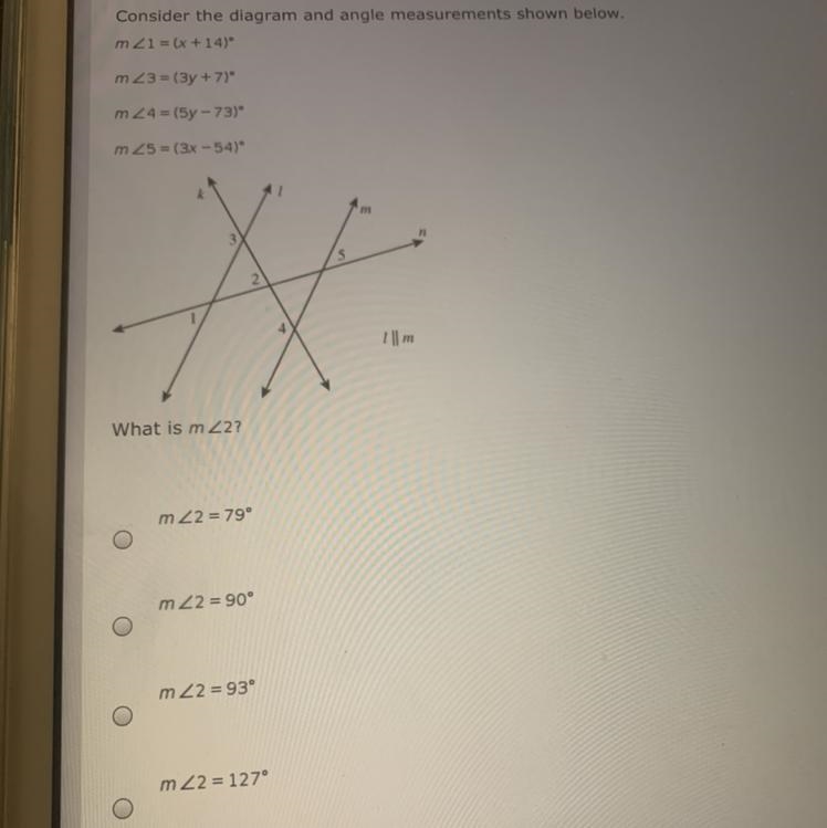 Consider the diagram and angle measurements shown below. m <1 = (x +14) m <3 = (3y-example-1