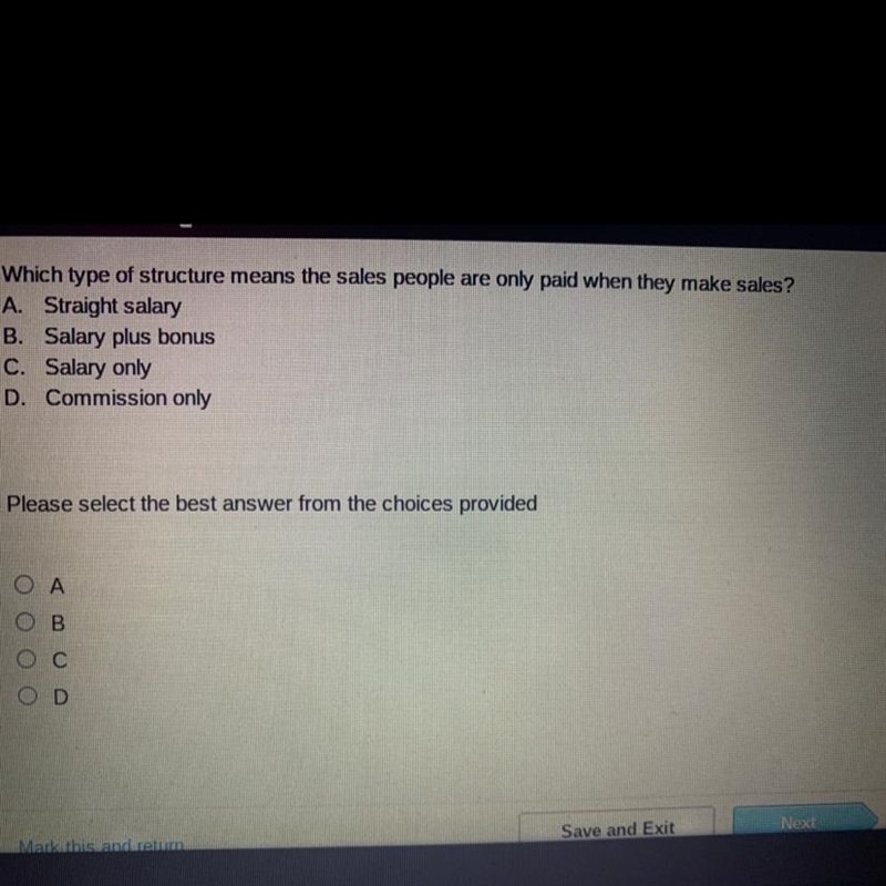 Which type of structure means the sales people are only paid when they make sales-example-1