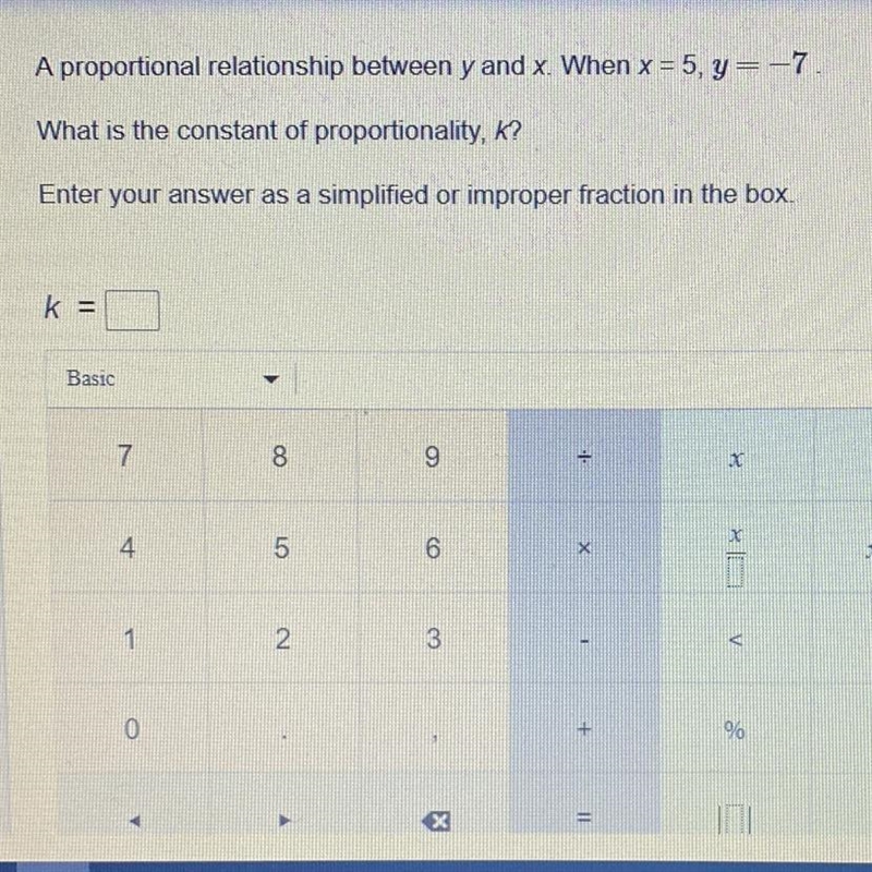 A proportional relationship between y and x When x5, ym What is the constant of proportionality-example-1