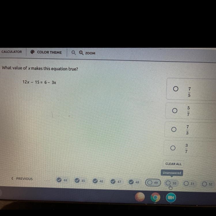 What value of x makes this equation true? 12x - 15 = 6 - 3x-example-1