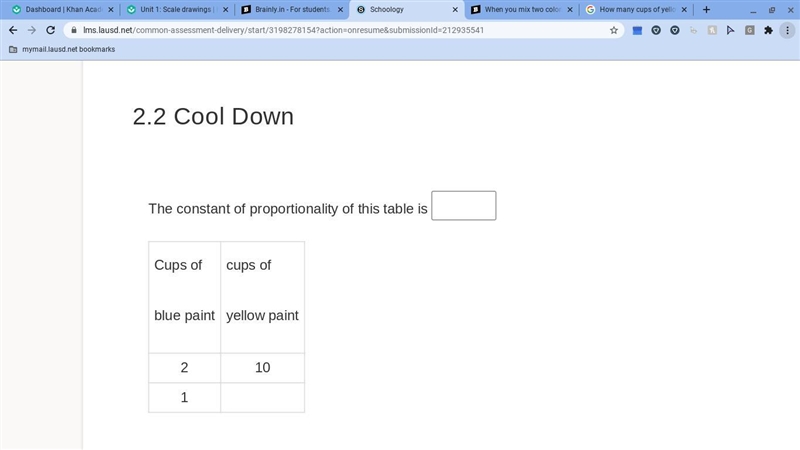 The constant of proportionality of this table is Cups of blue paint cups of yellow-example-1