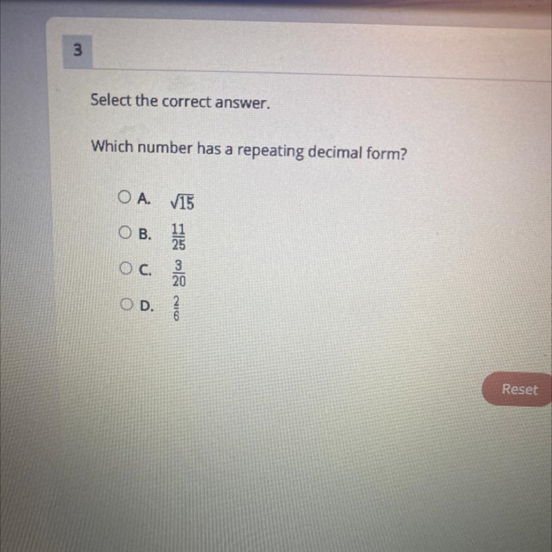 Select the correct answer. Which number has a repeating decimal form?-example-1