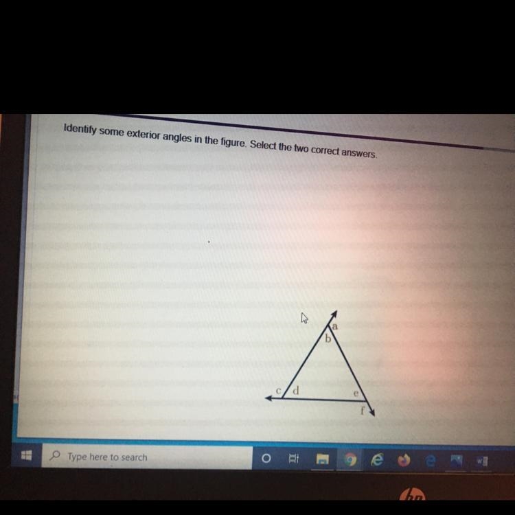 Identify some exterior angles in the figure. select the two correct a￼nswers-example-1