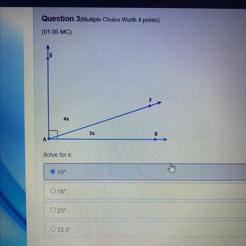 Solve for x O 10° O 189 O 20° O 22.5°-example-1