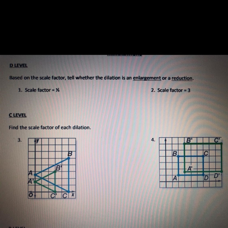 Find the scale factor of each dilation. what are the answers to 3&4?-example-1