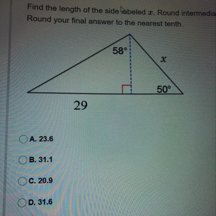 Fine the length of the side labeled x. Around intermediate values to the nearest tenth-example-1