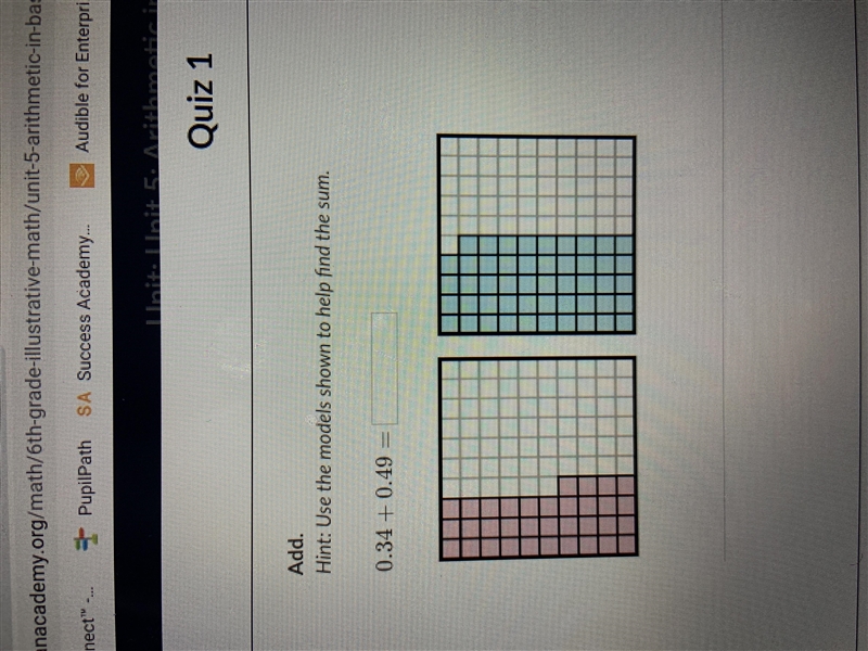 Use the model to show to help find the sum 0.34 plus 0.49-example-1