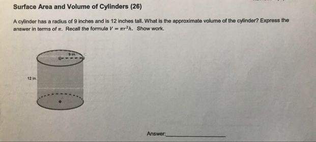 PLEASE HELP!!!!! 20 POINTS FOR ANSWER!!! A cylinder has a radius of 9 inches and is-example-1