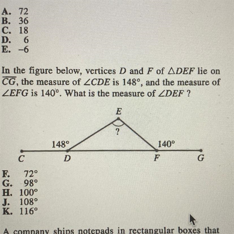 16. In the figure below, vertices D and F of ADEF lie on CG, the measure of ZCDE is-example-1