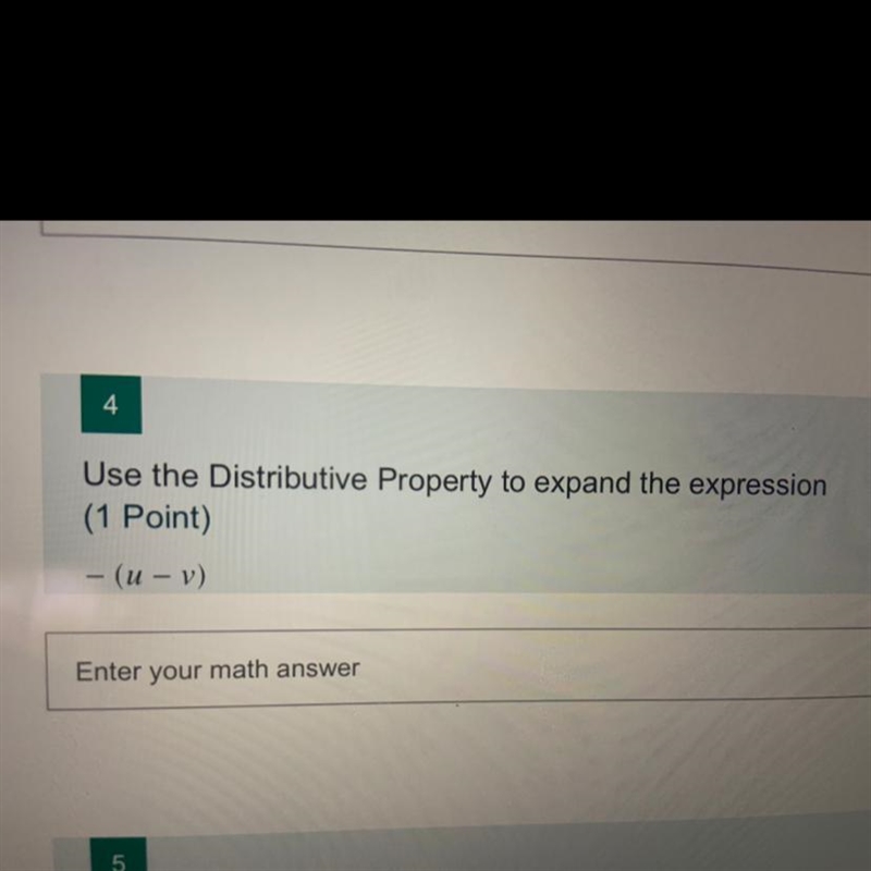 Use the Distributive Property to expand the expression -(u-v)-example-1