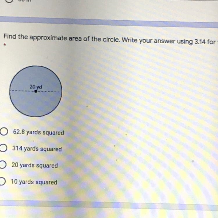 Find the approximate area of the circle. Write your answer using 3.14 for T. 1 20 yd-example-1