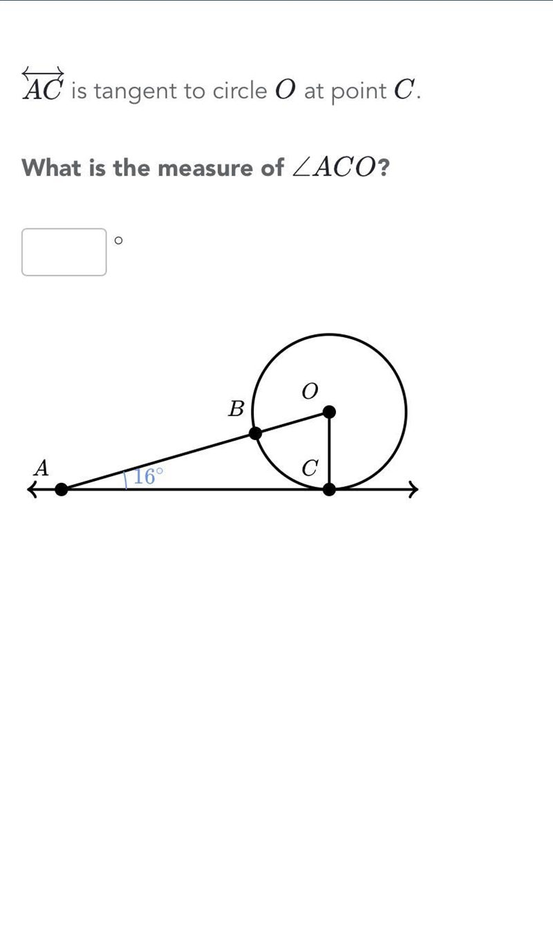 AC is tangent to circle O at point C. What is the measure of angle ACO?-example-1