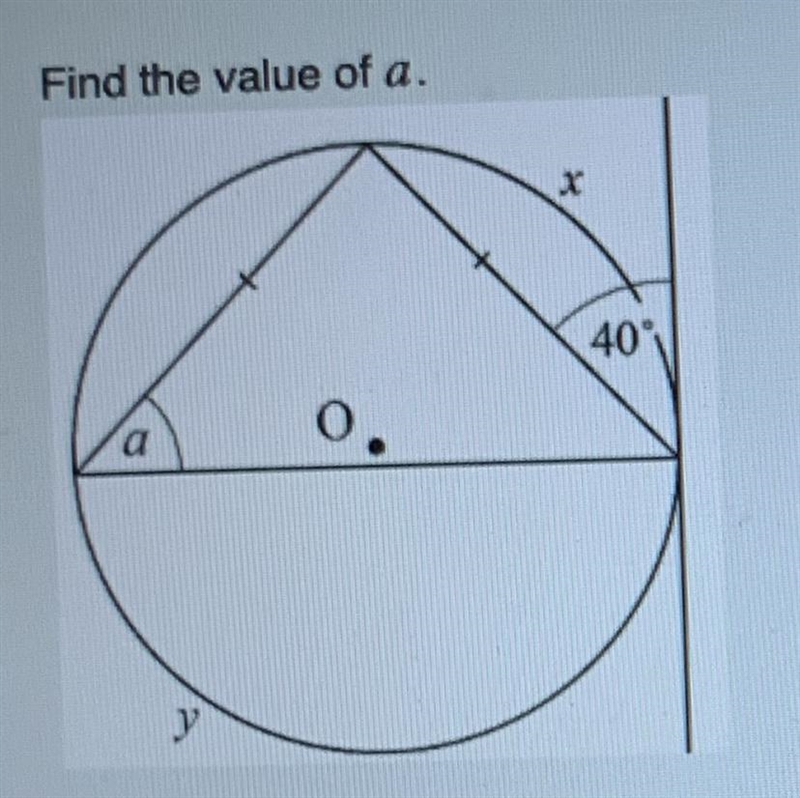 Find the measure of a. A. 60 B. 57 C. 40 D. 80-example-1