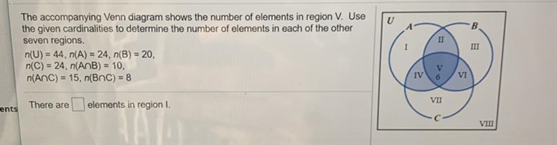 Please complete the venn diagram and list how many elements are in each region thanks-example-1