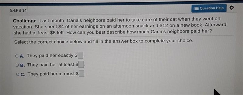 Last month, Carla's neighbors paid her to take care of their cat when they went on-example-1